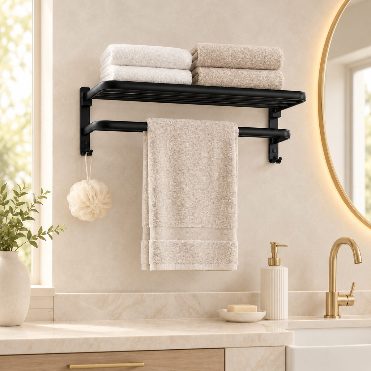 Wall-Mounted Towel Rack with Storage Shelf and Side Hooks by Matrix