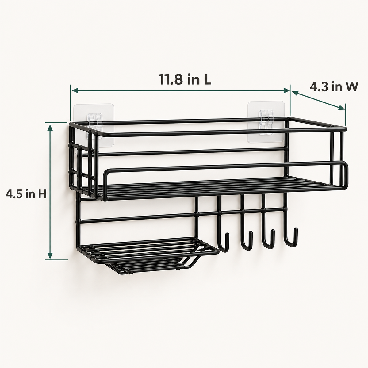 Bathroom Storage Shelf with Hooks and Soap Dish dimensions