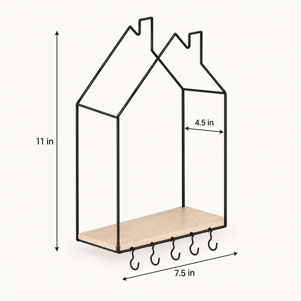 Hut Style Wall Shelf - With Hooks dimensions