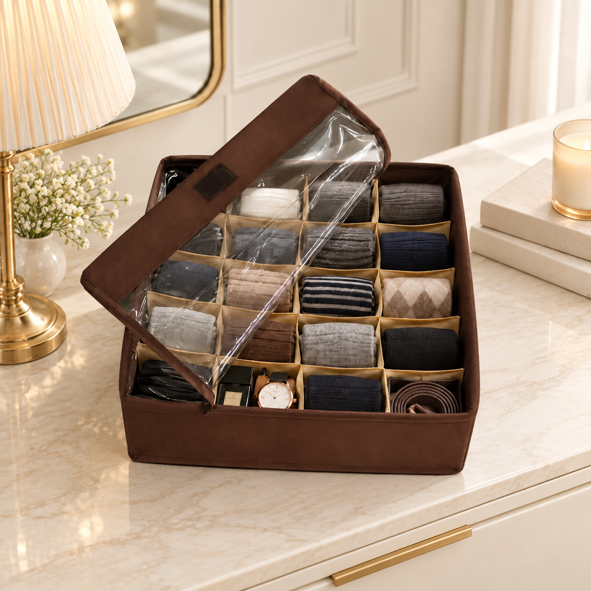 FlexFold 16-Grid Drawer & Wardrobe Organizer with Lid by Matrix