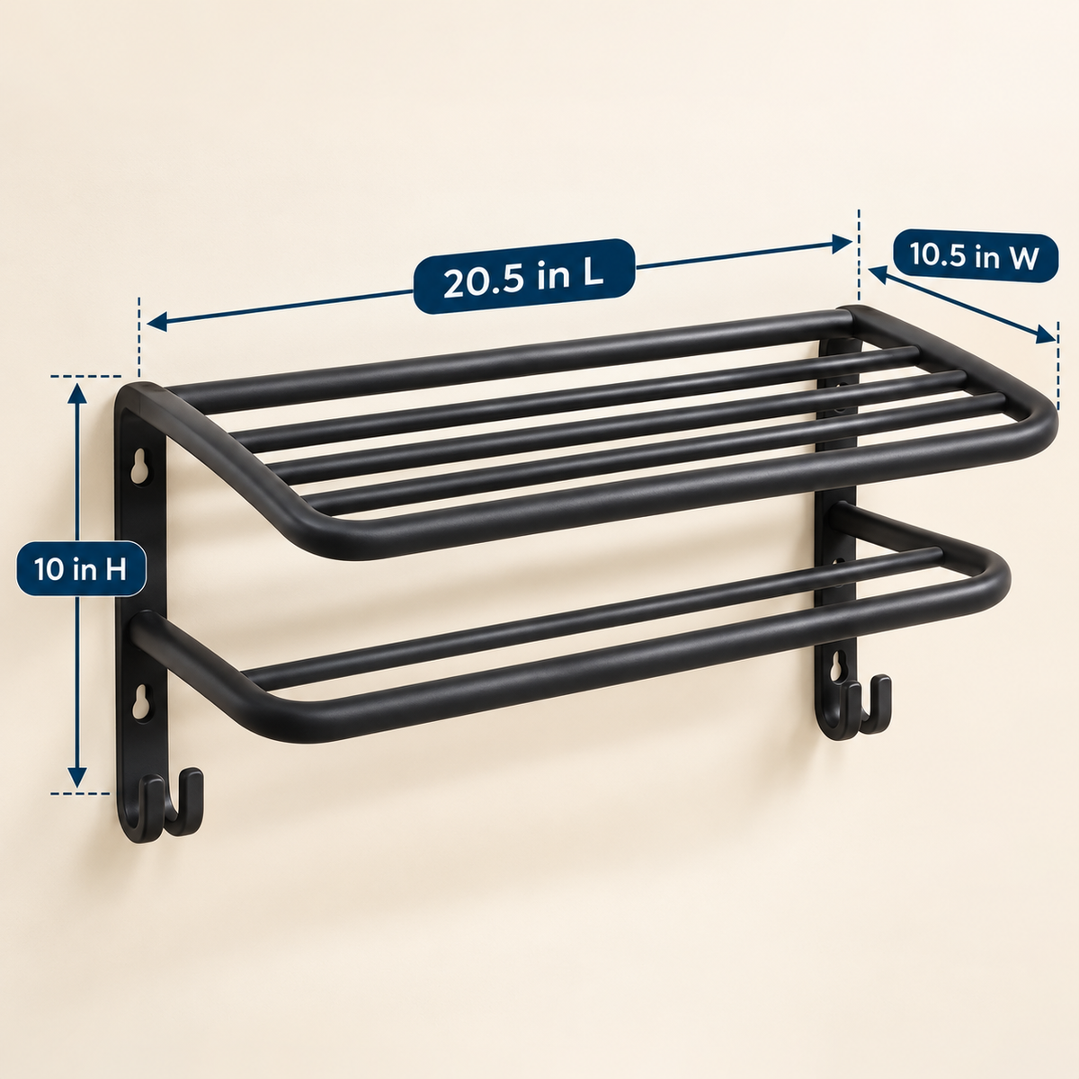 Wall-Mounted Towel Rack with Storage Shelf and Side Hooks by Matrix dimensions