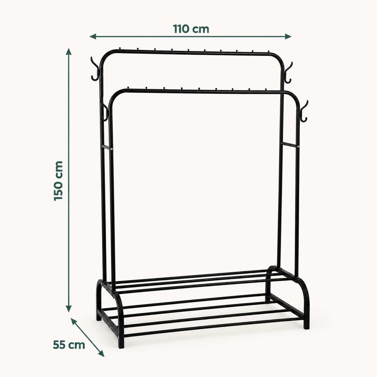 Dual Pole Metal Clothes Stand by Matrix (C) – With Side Hooks & Dual Shoe Tiers dimensions