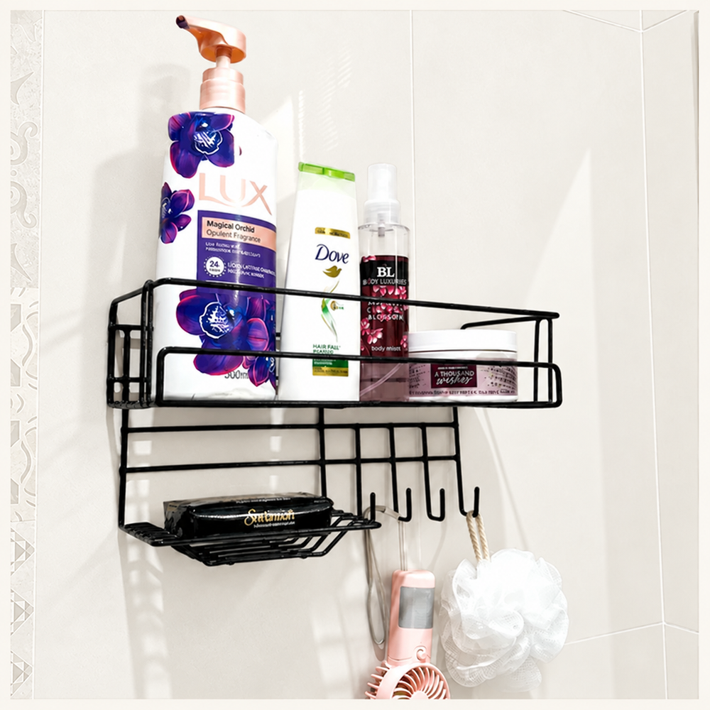 Bathroom Storage Shelf with Hooks and Soap Dish