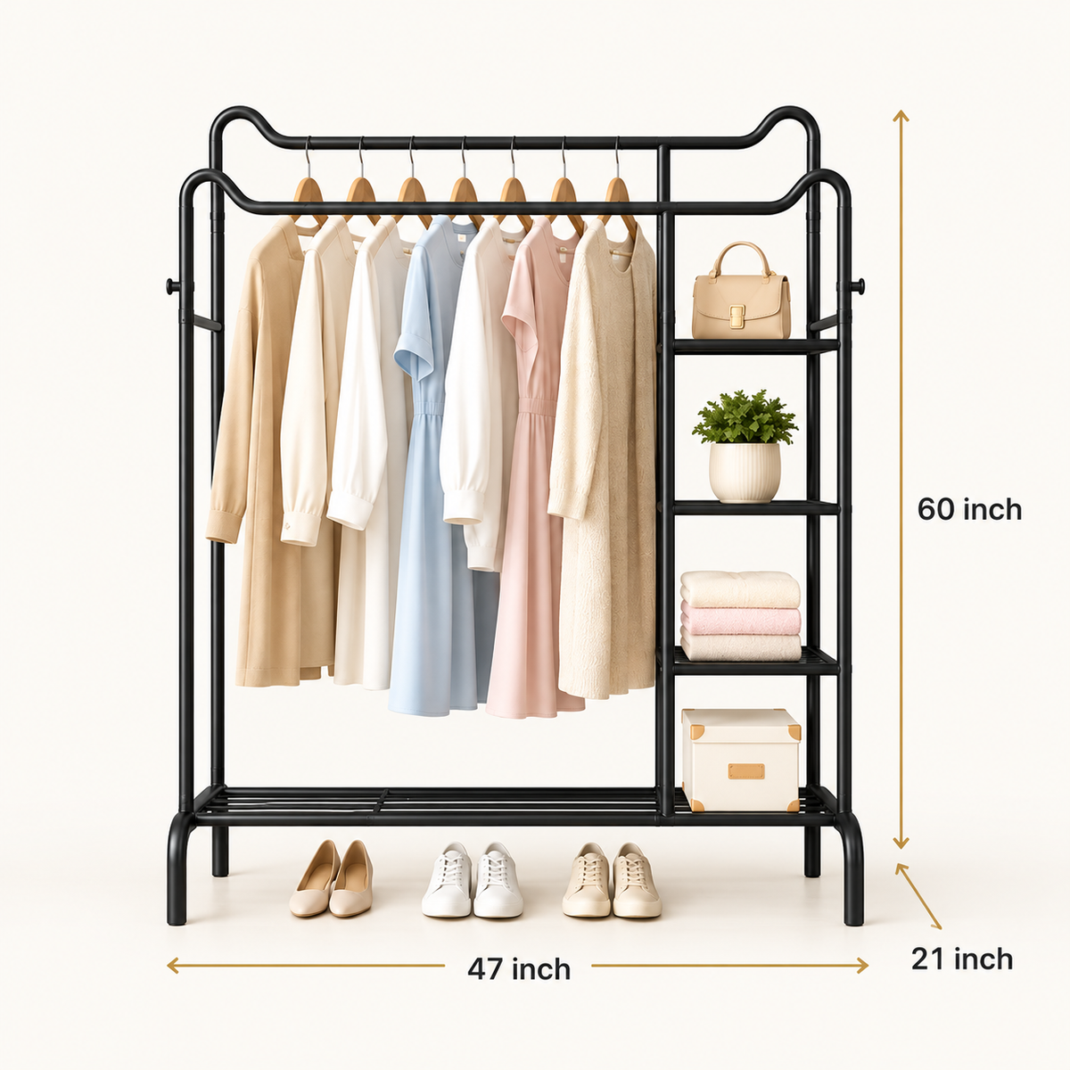 Space-Saving Metal Clothes Stand by Matrix (D) – With Side Storage Shelves & Hooks dimensions