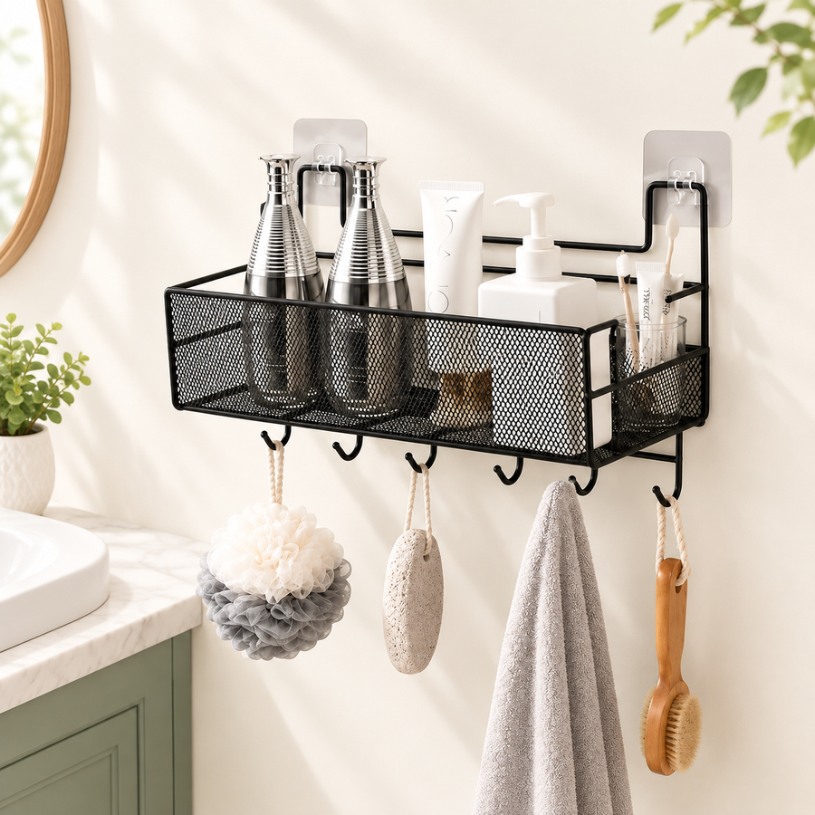 Wall shelf with hooks / Meshed wall shelf