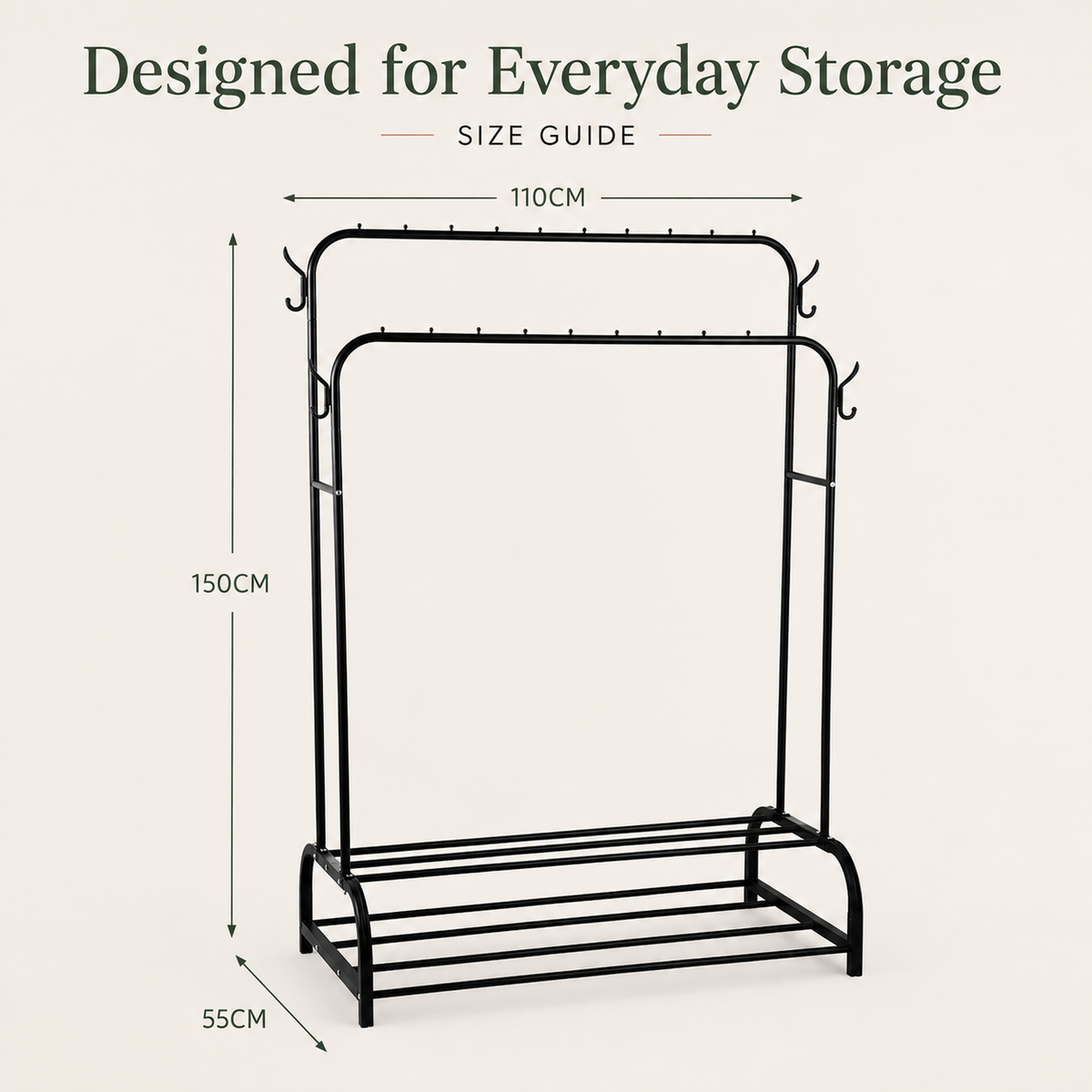 Dual Pole Metal Clothes Stand by Matrix (C) – With Side Hooks & Dual Shoe Tiers dimensions