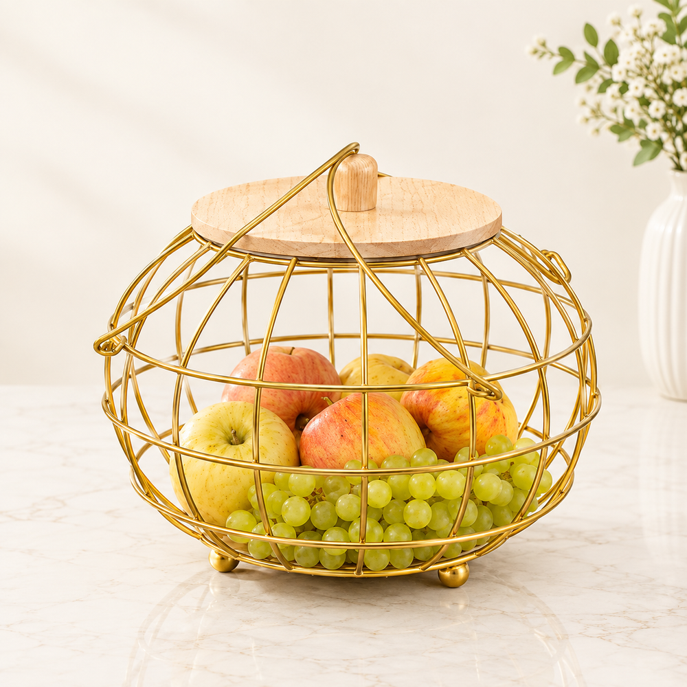 Golden Multipurpose Basket with Wooden Lid & Handles by Matrix