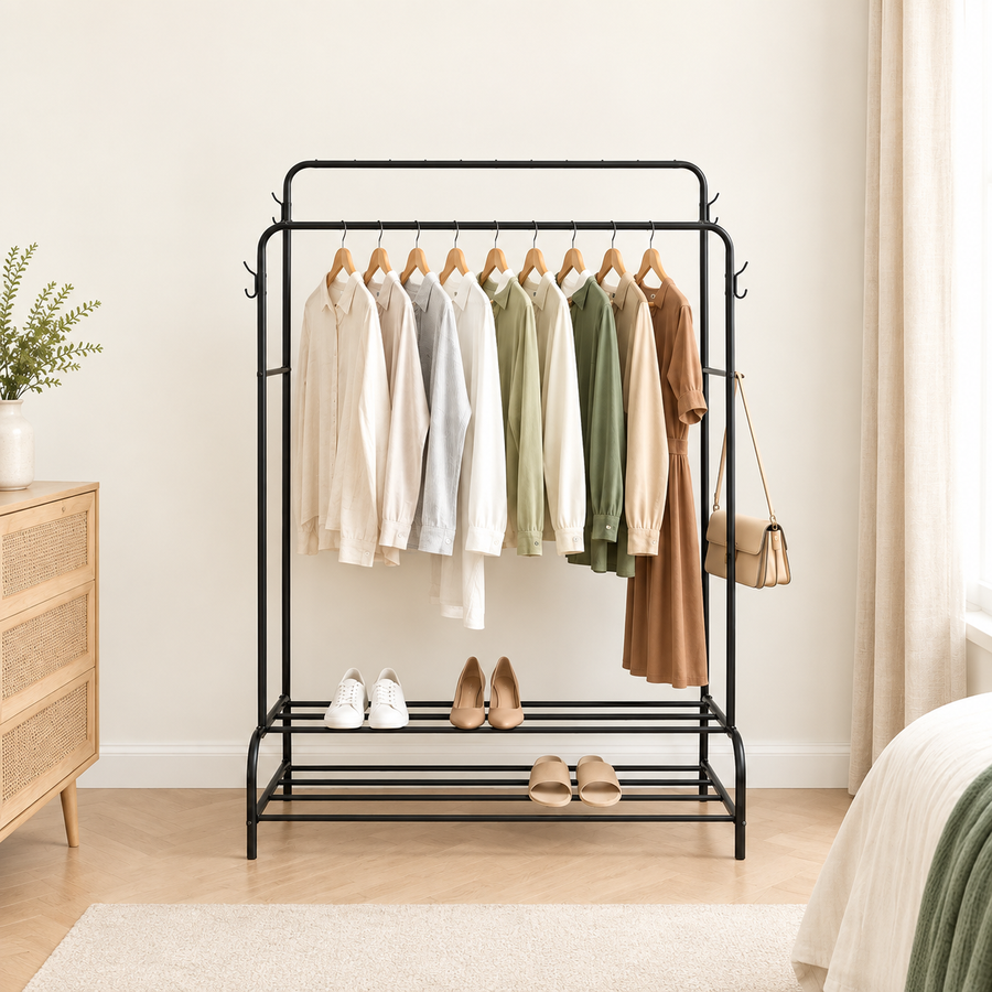 Dual Pole Metal Clothes Stand by Matrix (C) – With Side Hooks & Dual Shoe Tiers