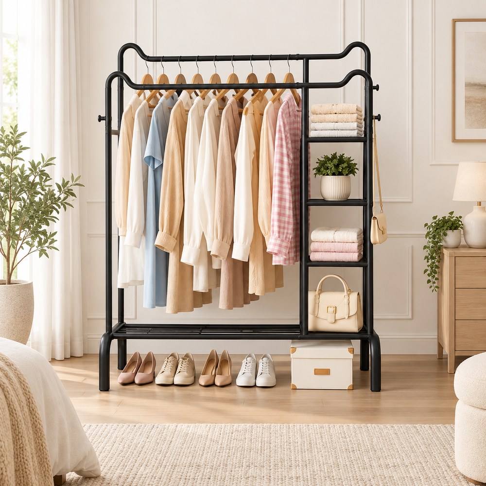 Space-Saving Metal Clothes Stand by Matrix (D) – With Side Storage Shelves & Hooks