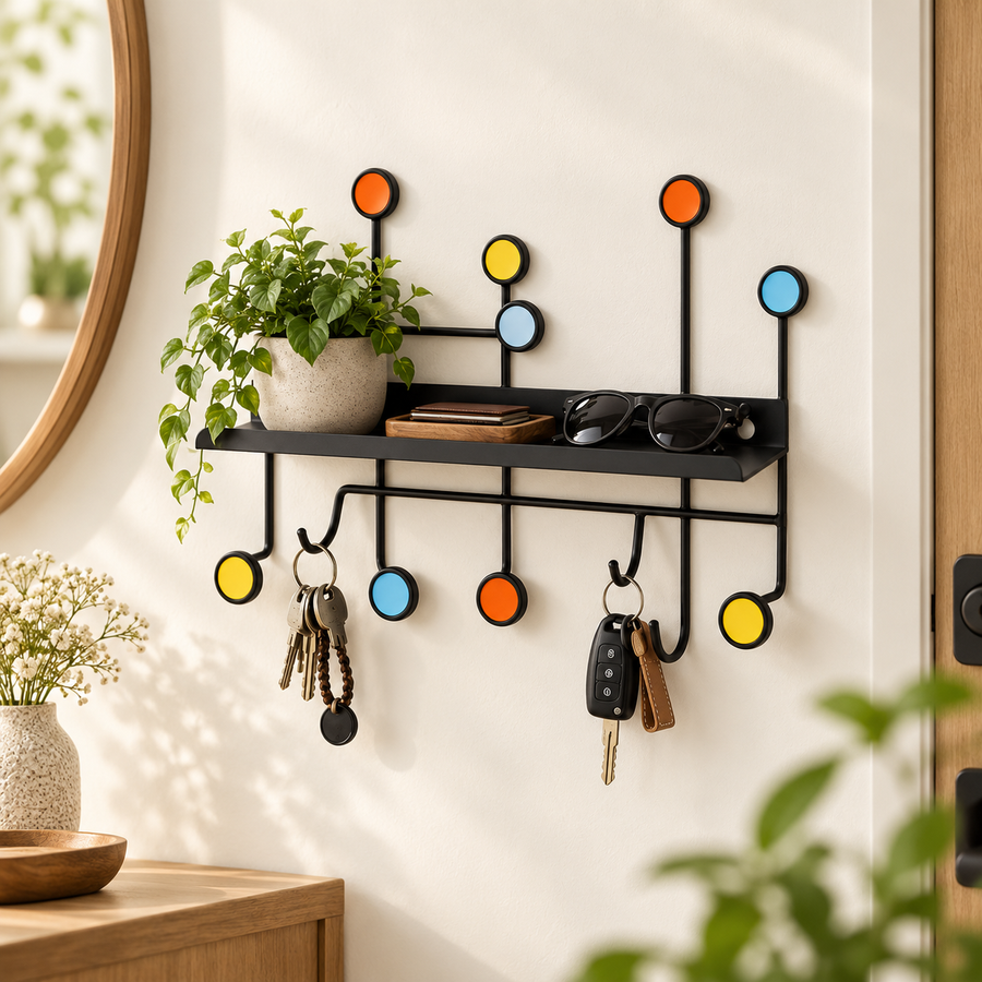 Nordic Style Wall Shelf With Hooks - Rectangle